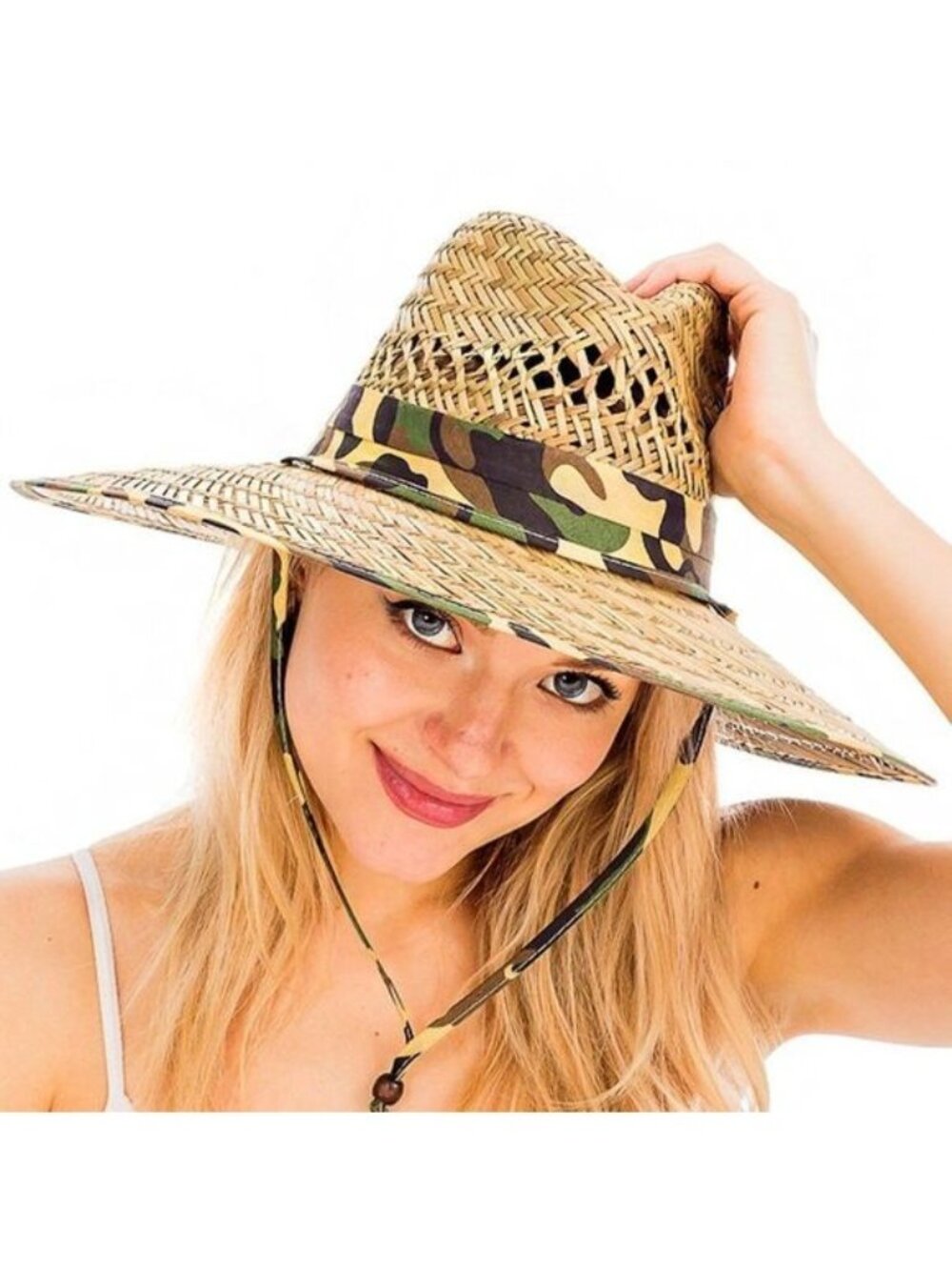 NEW Summer Camo Brim Trim Beach Straw Wide Brim Hat Outdoor Vacay Cruise